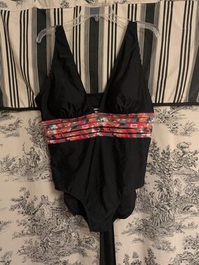 Time and Tru Black One-Piece with Striped Floral Accent-16/18